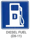 Motorist Services and Recreation Sign "DIESEL FUEL (D9-11)" is shown as a square sign with a symbol of a gas pump with the letter "D" on the pump.