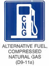 Motorist Services and Recreation Sign "ALTERNATIVE FUEL COMPRESSED NATURAL GAS (D9-11a)" is shown as a square sign with a symbol of a gas pump with the letters "CNG" placed vertically on the pump.