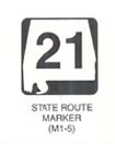 Guide Sign "STATE ROUTE MARKER (M1-5)" is shown as a black square with a white area in the shape of a state. The black numerals "21" are shown on it. The sign is labeled "State Route Sign."