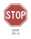 Regulatory Sign "STOP (R1-1) is shown as an octagonal sign with a white border and the legend "STOP" in white on a red background.