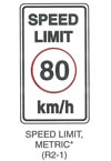 Regulatory Sign "SPEED LIMIT METRIC (R2-1)" is shown as a vertical rectangular white sign with a black border and legend. The words "SPEED LIMIT" are shown on two lines above the numerals "80" enclosed in a red circle, and the letters "km/h" are shown on the bottom line. This sign was anticipated for inclusion in the 2003 edition of the MUTCD at the time of this printing.