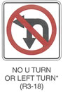 Regulatory Sign "NO U TURN OR LEFT TURN (R3-18)" is shown as a square white sign with a black border and legend. A vertical black u-shaped arrow is shown pointing downward with two arrowheads on the left part of the "u": one at a 90-degree angle to the left and another pointing downward. A red circle and diagonal slash running from the upper left to the lower right are shown superimposed on the arrow. This sign was anticipated for inclusion in the 2003 edition of the MUTCD at the time of this printing.