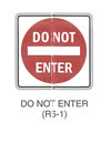 Regulatory Sign "DO NOT ENTER (R5-1)" is shown as a square white sign with a solid red disc in the middle. The words "DO NOT" and "ENTER" are shown in white above and below, respectively, a thick horizontal white line.