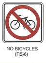 Pedestrian and Bicycle Sign "NO BICYCLES (R5-6)" is shown as a square white sign with a black border. A black symbol of a left-facing bicycle is shown with a red circle and diagonal red slash running from the upper left to the lower right superimposed on it.