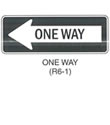 Regulatory Sign "ONE WAY (R6-1)" is shown as a horizontal rectangular black sign with a white border. The words "ONE WAY" in black are superimposed on a large left-pointing white arrow.