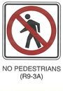Pedestrian and Bicycle Sign "NO PEDESTRIANS (R9-3A)" is shown as a square white sign with a black border and a black symbol of a walking person inside a red circle with a red slash across the symbol.