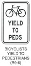 Pedestrian and Bicycle Sign "BICYCLISTS YIELD TO PEDESTRIANS (R9-6)" is shown as a vertical rectangular white sign with a black border and legend. It shows a symbol of a bicycle above the words "YIELD TO PEDS" on three lines.