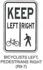 Pedestrian and Bicycle Sign "BICYCLISTS LEFT, PEDESTRIANS RIGHT (R9-7)" is shown as a vertical rectangular white sign with a black border and legend. It shows the word "KEEP" in large letters on the top line, the words "LEFT" and "RIGHT" on the second line, with a symbol of a bicycle under the word "LEFT" and a symbol of a person walking under the word "RIGHT" A vertical black line separates the word "LEFT" and bicycle symbol from the word "RIGHT" and person walking symbol.