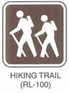 Motorist Services and Recreation Sign "HIKING TRAIL (RL-100)" is shown with a symbol of two people with backpacks and walking sticks.