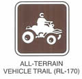 Motorist Services and Recreation Sign "ALL-TERRAIN VEHICLE TRAIL (RL-170)" is shown with a symbol of a person wearing a helmet riding an all-terrain vehicle.