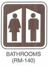 Motorist Services and Recreation Sign "BATHROOMS (RM-140)" is shown with the stylized symbols of a woman in a dress to the left of a man in front of side-by-side doors with top edges that angle up toward the center.