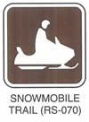 Motorist Services and Recreation Sign "SNOWMOBILE TRAIL (RS-070)" is shown with a symbol of a person driving a snowmobile. It is labeled "Snowmobiling."