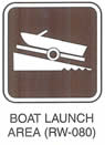 Motorist Services and Recreation Sign "BOAT LAUNCH (RW-080)" is shown with a symbol of a boat on a trailer on a 45-degree angle ramp.