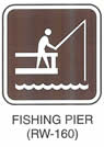 Motorist Services and Recreation Sign "FISHING PIER (RW-160)" is shown with a symbol of a person standing on a railed pier and fishing.