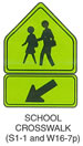 Pedestrian and Bicycle Sign "SCHOOL CROSSWALK (S1-1)" is shown again with W16-7p which is shown as a black border and a diagonal black arrow pointing down and to the left.