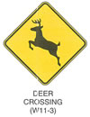 Warning Sign "DEER CROSSING (W11-3)" is shown as a diamond-shaped sign with a symbol of a left-facing deer.