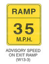 Warning Sign "ADVISORY SPEED ON EXIT RAMP (W13-3)" is shown as a vertical rectangular sign. It shows the word "RAMP" above a horizontal dividing line. Below this line, the legend "35 MPH," with "35" in large numerals, is shown on two lines.