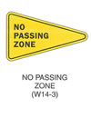 Warning Sign "NO PASSING ZONE (W14-3)" is shown as a pennant-shaped isosceles triangle. Its longer axis is shown as horizontal and pointing to the right with the words "NO PASSING ZONE" on three lines.