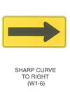 Warning Sign "SHARP CURVE TO RIGHT (W1-6)" is shown as a horizontal rectangular sign with a large horizontal arrow pointing to the right.