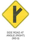 Warning Sign "SIDE ROAD AT ANGLE (RIGHT) (W2-3)" is shown as a diamond-shaped sign. It shows a vertical black line with a diagonal black line extending up and to the right from the middle of the vertical line.