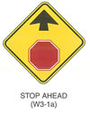 Warning Sign "STOP AHEAD (W3-1a)" is shown as a sign with an upward-pointing black arrow above an octagonal red stop sign symbol.