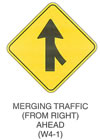 Warning Sign "MERGING TRAFFIC (FROM RIGHT) AHEAD (W4-1)" is shown as a diamond-shaped sign. It shows a black arrow pointing up and a curved line joining the bottom shaft of the arrow on the right side.