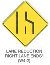 Warning Sign "LANE REDUCTION RIGHT LANE ENDS (W4-2)" is shown as a diamond-shaped sign. It shows vertical straight line on the left vertical line on the right that angle toward the left half way up, short vertical dotted line between them that is the length of the vertical section of the line on the right. This sign was anticipated for inclusion in the 2003 edition of the MUTCD at the time of this printing.