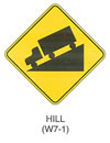 Warning Sign "HILL (W7-1)" is shown as a diamond-shaped sign with a symbol of a truck pointing to the left and down on a ramp that slopes up from the left to right.